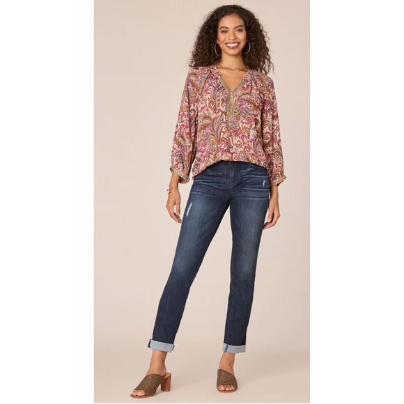 NWT DEMOCRACY Top XL 3/4 Blouson Sleeve Ruffle Split V-Neck Printed Sage Berry - Picture 4 of 16